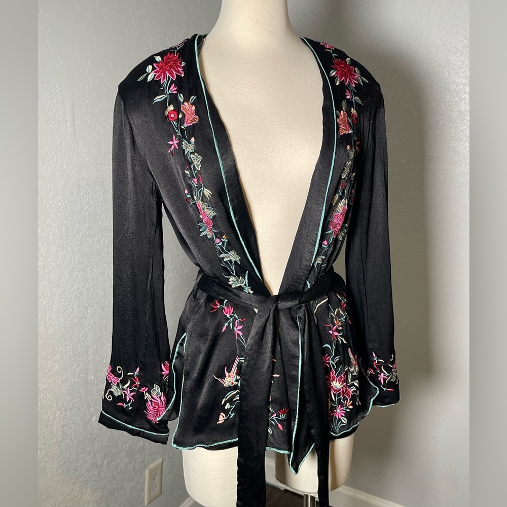 Free People Black Floral Embroidered Kimono Jacket - Picture 2 of 6